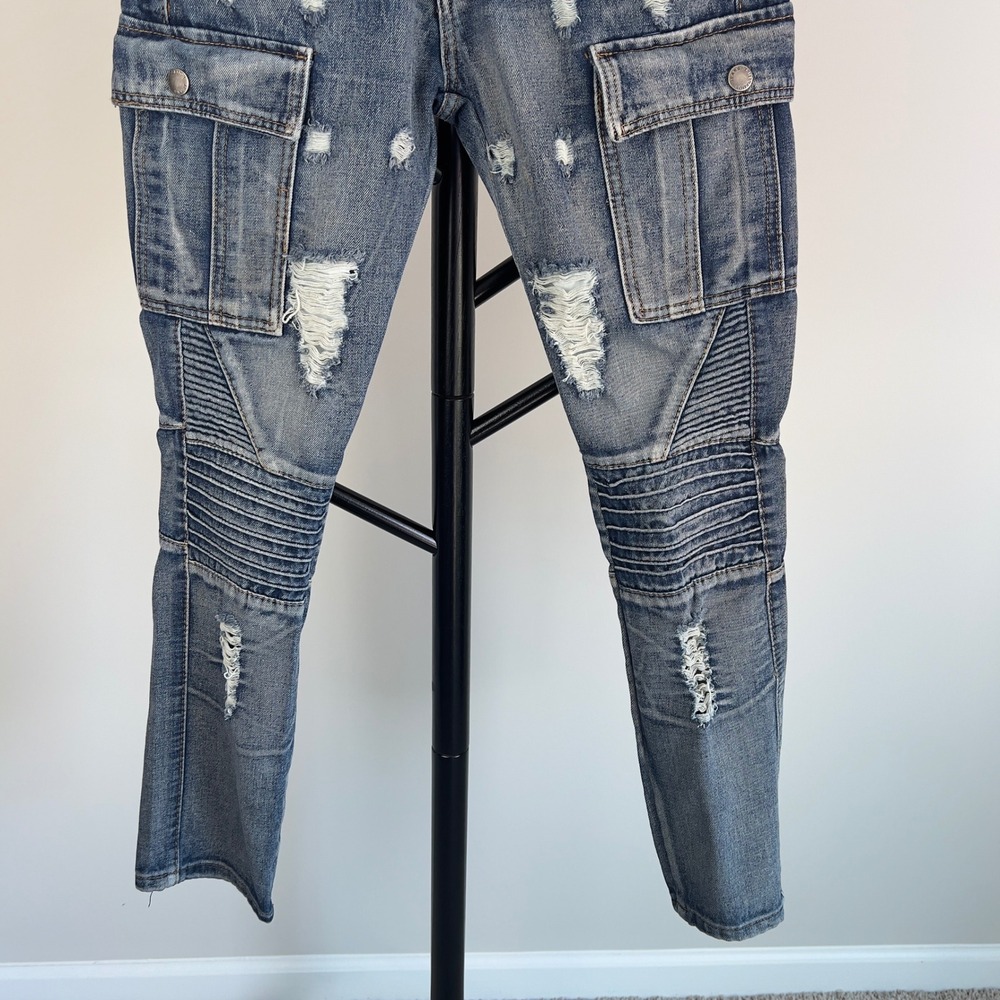 Trill Nation Mens 30x30 Moto Biker Cargo Jeans Distressed Blue Denim Ribbed Knee - Picture 3 of 13